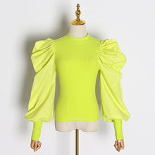 Load image into Gallery viewer, TWOTWINSTYLE Patchwork Knitting Women's Sweaters O Neck Puff Sleeve Ruched Streetwear Female Sweater Autumn Fashion New 2019