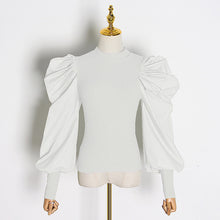 Load image into Gallery viewer, TWOTWINSTYLE Patchwork Knitting Women's Sweaters O Neck Puff Sleeve Ruched Streetwear Female Sweater Autumn Fashion New 2019