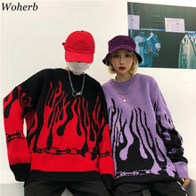 Load image into Gallery viewer, Woherb Oversize Sweater Harajuku Hip Hop Flame Fire Pullover 2020 Autumn Winter Man Women Loose Jumper Fashion Unisex Streetwear