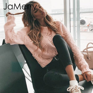 JaMerry Vintage pink hairball autumn winter sweaters ladies Long sleeve casual pullover 2019 Fashion chic loose knitted jumper