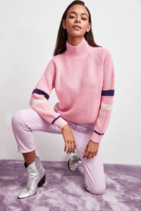 Trendyol WOMEN-Pink Turtleneck Handle Stripe Knitwear Sweater TWOAW20FH0002