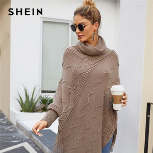 SHEIN High Neck Solid Fringe Hem Casual Poncho Sweater Women Tops Autumn Winter Streetwear Long Sleeve Ladies Longline Sweaters