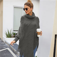 Load image into Gallery viewer, SHEIN High Neck Solid Fringe Hem Casual Poncho Sweater Women Tops Autumn Winter Streetwear Long Sleeve Ladies Longline Sweaters
