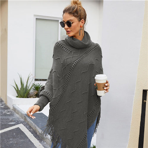 SHEIN High Neck Solid Fringe Hem Casual Poncho Sweater Women Tops Autumn Winter Streetwear Long Sleeve Ladies Longline Sweaters