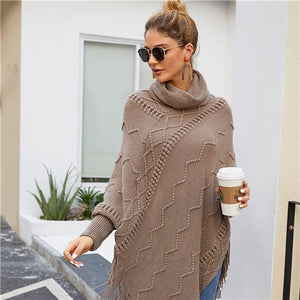 SHEIN High Neck Solid Fringe Hem Casual Poncho Sweater Women Tops Autumn Winter Streetwear Long Sleeve Ladies Longline Sweaters