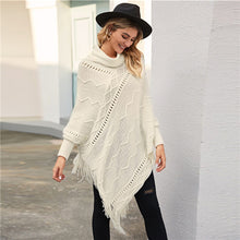 Load image into Gallery viewer, SHEIN High Neck Solid Fringe Hem Casual Poncho Sweater Women Tops Autumn Winter Streetwear Long Sleeve Ladies Longline Sweaters
