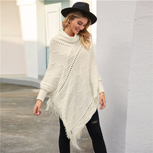 SHEIN High Neck Solid Fringe Hem Casual Poncho Sweater Women Tops Autumn Winter Streetwear Long Sleeve Ladies Longline Sweaters