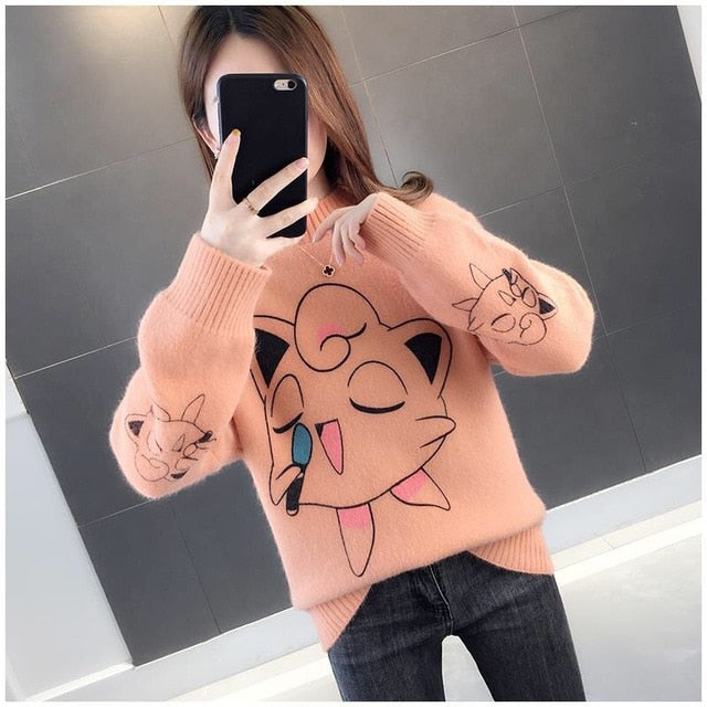 Sweater Women 2019 Cartoon Pokemon Pikachu Print Autumn Winter Causal Streetwear Sweater Long Sleeve O Neck Loose Harajuku