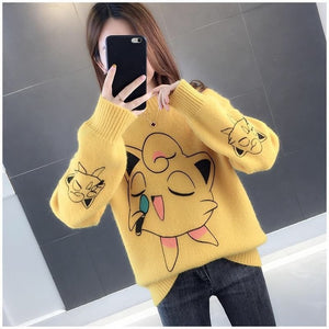 Sweater Women 2019 Cartoon Pokemon Pikachu Print Autumn Winter Causal Streetwear Sweater Long Sleeve O Neck Loose Harajuku