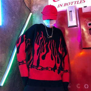 Woherb Oversize Sweater Harajuku Hip Hop Flame Fire Pullover 2020 Autumn Winter Man Women Loose Jumper Fashion Unisex Streetwear