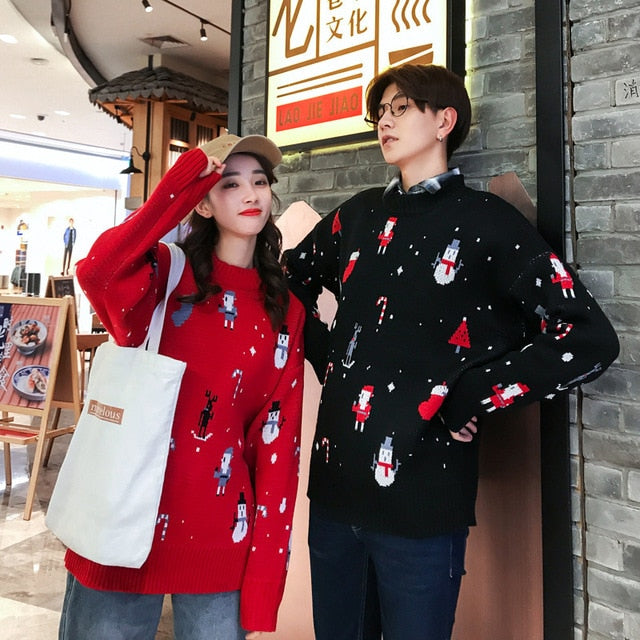 Couple sweater winter clothes women men Christmas costume Casual O-Neck Pullovers red black Long sleeve korean sweater 2020new