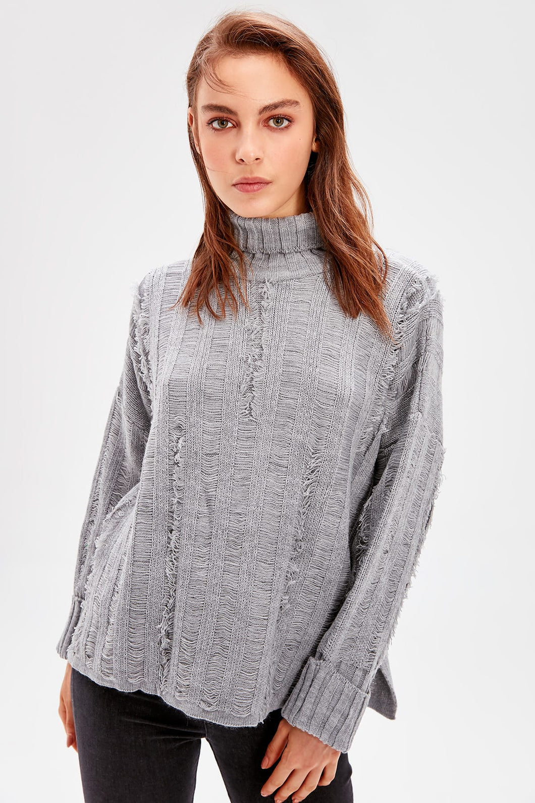 Trendyol WOMEN-Gray Akıtmalı Knitwear Sweater TWOAW20FV0052