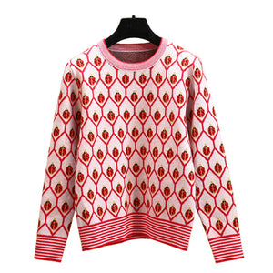 2009 Star Sweater Female Fragrance Wind Retro-Stripe Golden Ladybug Jacquard Aged Knitted Sweater in Autumn and Winter