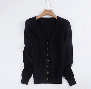 Star buckle 100% cashmere cardigan women thin coat short section autumn v-neck collar long sleeve sweater female outwear