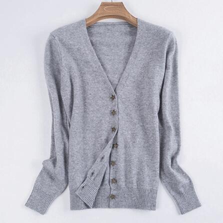 Star buckle 100% cashmere cardigan women thin coat short section autumn v-neck collar long sleeve sweater female outwear