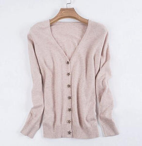 Star buckle 100% cashmere cardigan women thin coat short section autumn v-neck collar long sleeve sweater female outwear