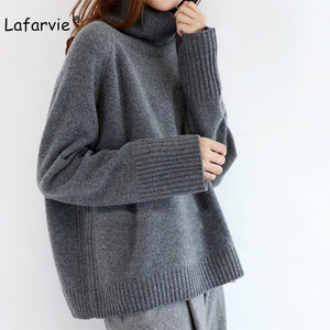 Lafarvie 2019 New Cashmere Blended Knitted Sweater Women Tops Turtleneck Autumn Winter Female Pullover Loose Casual Warm Sweater