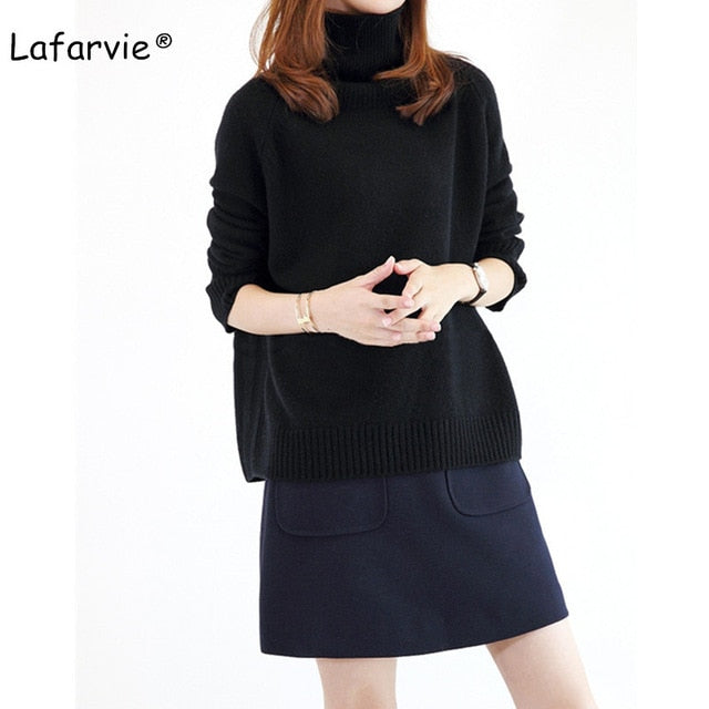 Lafarvie 2019 New Cashmere Blended Knitted Sweater Women Tops Turtleneck Autumn Winter Female Pullover Loose Casual Warm Sweater