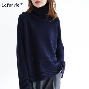 Lafarvie 2019 New Cashmere Blended Knitted Sweater Women Tops Turtleneck Autumn Winter Female Pullover Loose Casual Warm Sweater