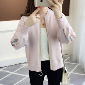 of new fund of 2019 autumn outfit embroidered with a han edition zipper sweater knit cardigan loose women's female